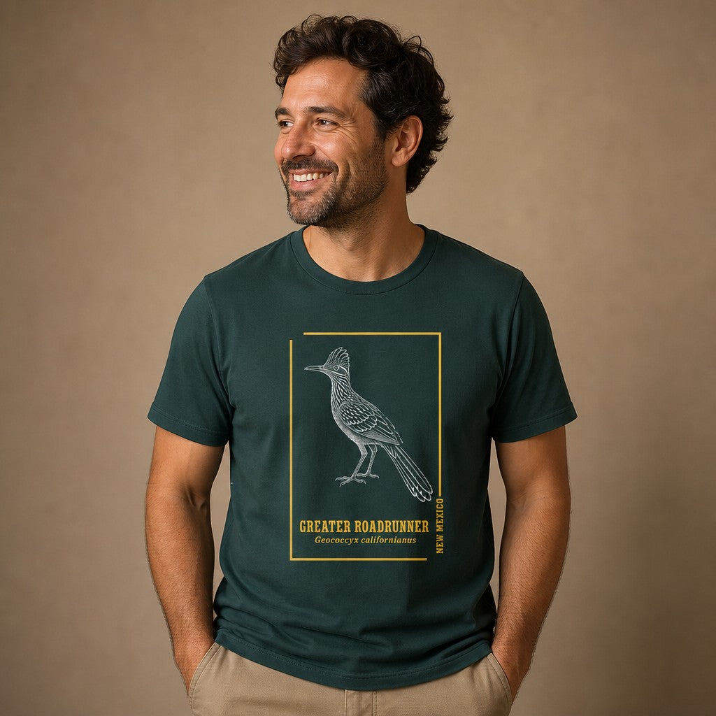 Man in forest green Bella Canvas 3001 t-shirt featuring a vintage-inspired line art illustration of a Greater Roadrunner with golden frame and botanical accents, ideal for birdwatchers, nature lovers, and cottagecore enthusiasts, casual indoor studio setting, by Crossroads Dandelion