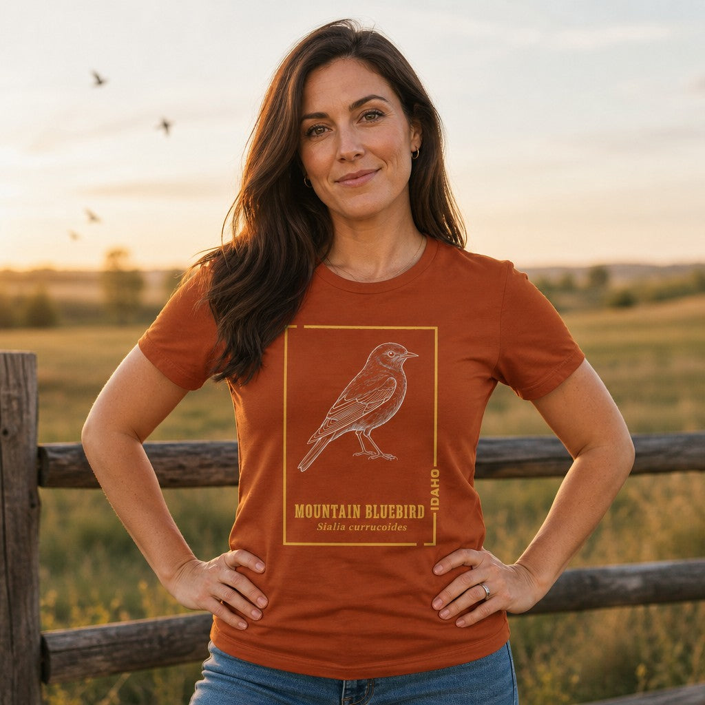 Woman wearing an autumn orange Bella Canvas 3001 t-shirt featuring a vintage-inspired line art illustration of a Mountain Bluebird with scientific name in a golden frame, standing by a rustic wooden fence at sunset, perfect for birdwatchers and nature lovers, by Crossroads Dandelion