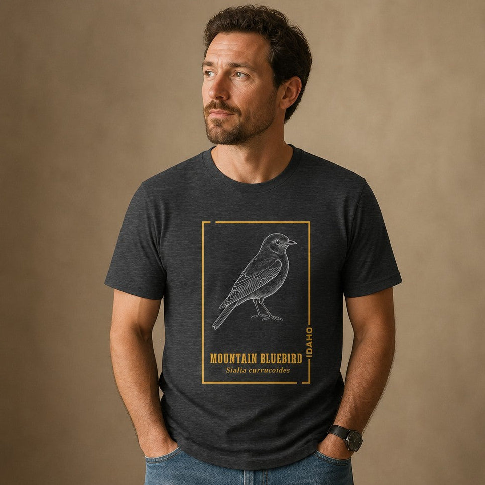 Man wearing dark grey heather Bella Canvas 3001 t-shirt with vintage-inspired line art illustration of a Mountain Bluebird and scientific name, accented with soft gold, naturalist journal style, designed for birdwatchers and nature lovers, by Crossroads Dandelion
