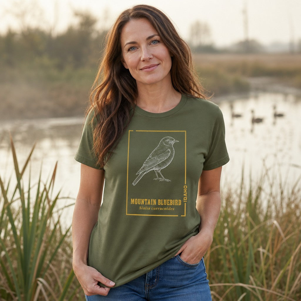 Woman wearing a military green Bella Canvas 3001 t-shirt featuring a vintage-inspired line art illustration of a Mountain Bluebird with golden accents and scientific name, standing by a serene lakeside, ideal for birdwatchers and nature lovers, by Crossroads Dandelion