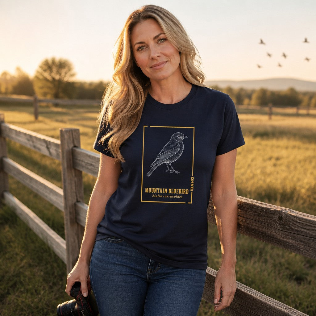 Woman wearing navy Bella Canvas 3001 t-shirt with vintage line art Mountain Bluebird illustration and scientific name, standing by a rustic wooden fence in a scenic pasture at sunset, perfect for birdwatchers and nature lovers, by Crossroads Dandelion