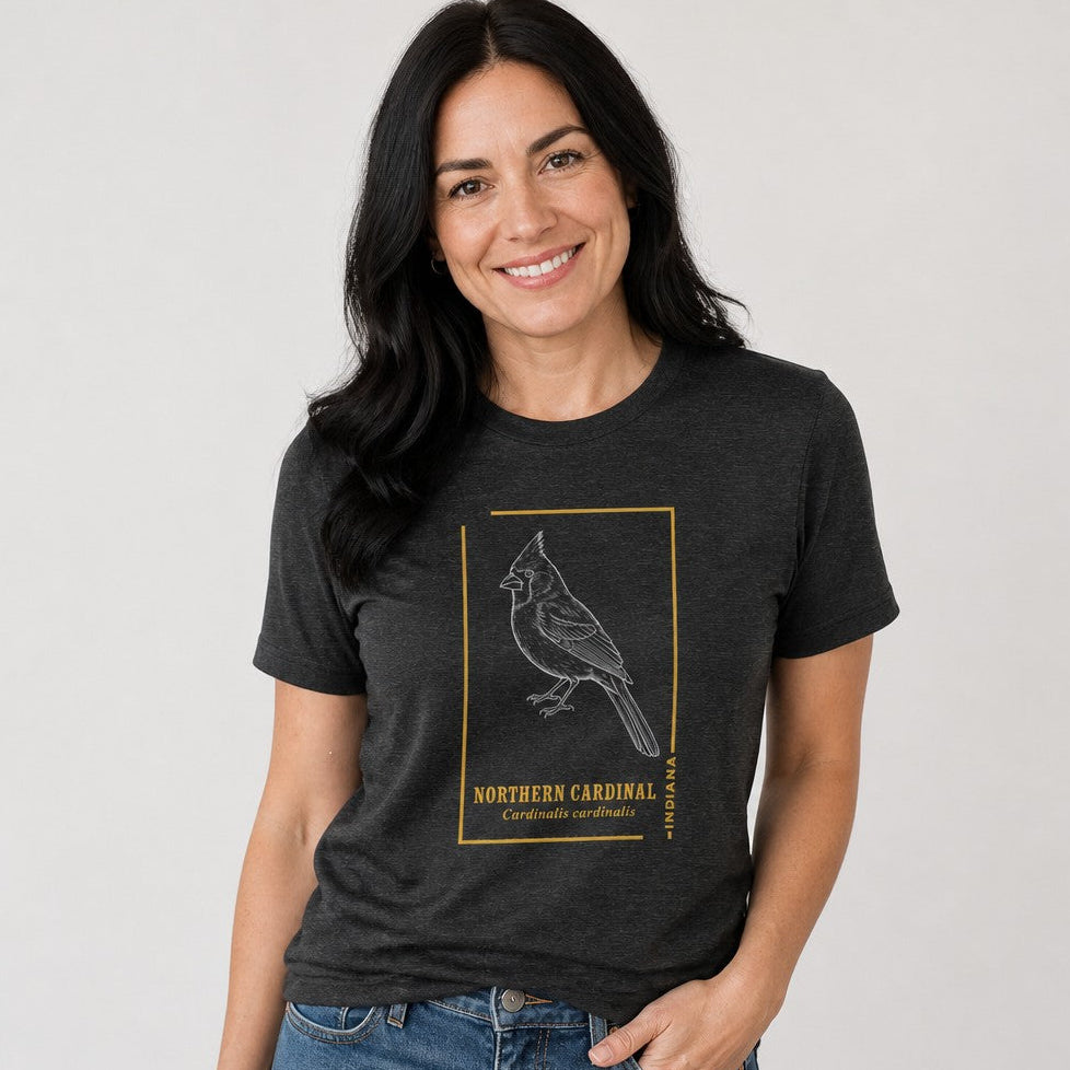 Woman in dark grey heather Bella Canvas 3001 t-shirt featuring a vintage-inspired line art illustration of a Northern Cardinal with goldenrod frame and classic field guide typography, timeless poetic style for birdwatchers and wildlife art lovers, by Crossroads Dandelion