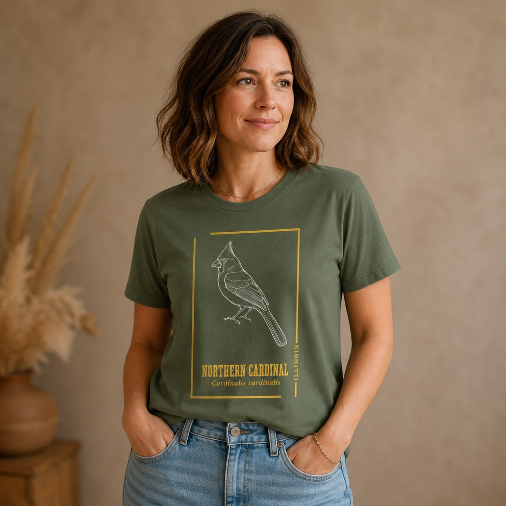 Woman wearing a military green Bella Canvas 3001 t-shirt featuring a vintage white line art northern cardinal illustration with minimalist gold frame and botanical typography, styled for birders and naturalists, soft indoor lounge setting, by Crossroads Dandelion