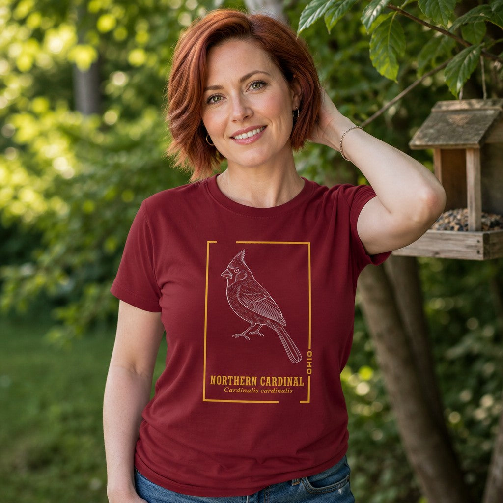 Woman wearing a cardinal red Bella Canvas 3001 t-shirt with a vintage line art illustration of a Northern Cardinal in a golden botanical frame, perfect for birdwatchers and wildlife lovers in a garden setting, by Crossroads Dandelion