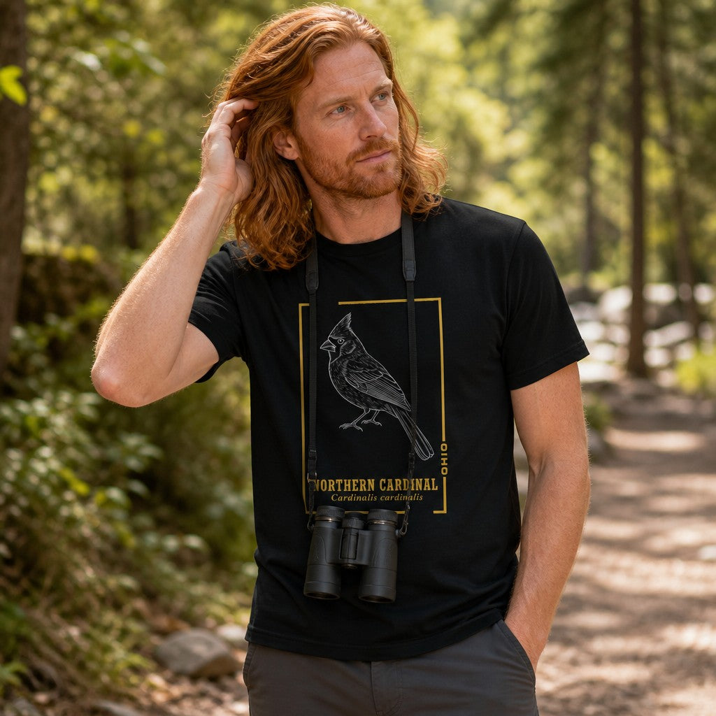 Man wearing a black Bella Canvas 3001 t-shirt featuring a vintage-inspired white line art illustration of a Northern Cardinal framed in gold with Latin species text, hand-drawn field guide style, hiking in a woodland trail, ideal for birdwatchers and vintage wildlife lovers, by Crossroads Dandelion