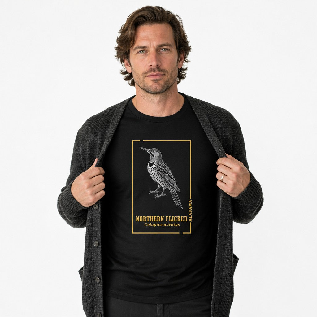 Man wearing a black Bella Canvas 3001 t-shirt with a vintage-inspired line art design of a Northern Flicker woodpecker in stippled detail, perfect for birdwatchers, nature lovers, and cottagecore enthusiasts, by Crossroads Dandelion