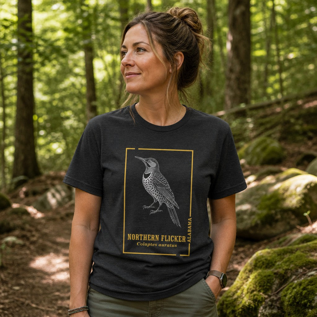 Woman in dark grey heather Bella Canvas 3001 t-shirt featuring vintage line art of a Northern Flicker woodpecker with botanical details, hiking in a lush forest, perfect for birdwatchers, nature lovers, and cottagecore fans, by Crossroads Dandelion