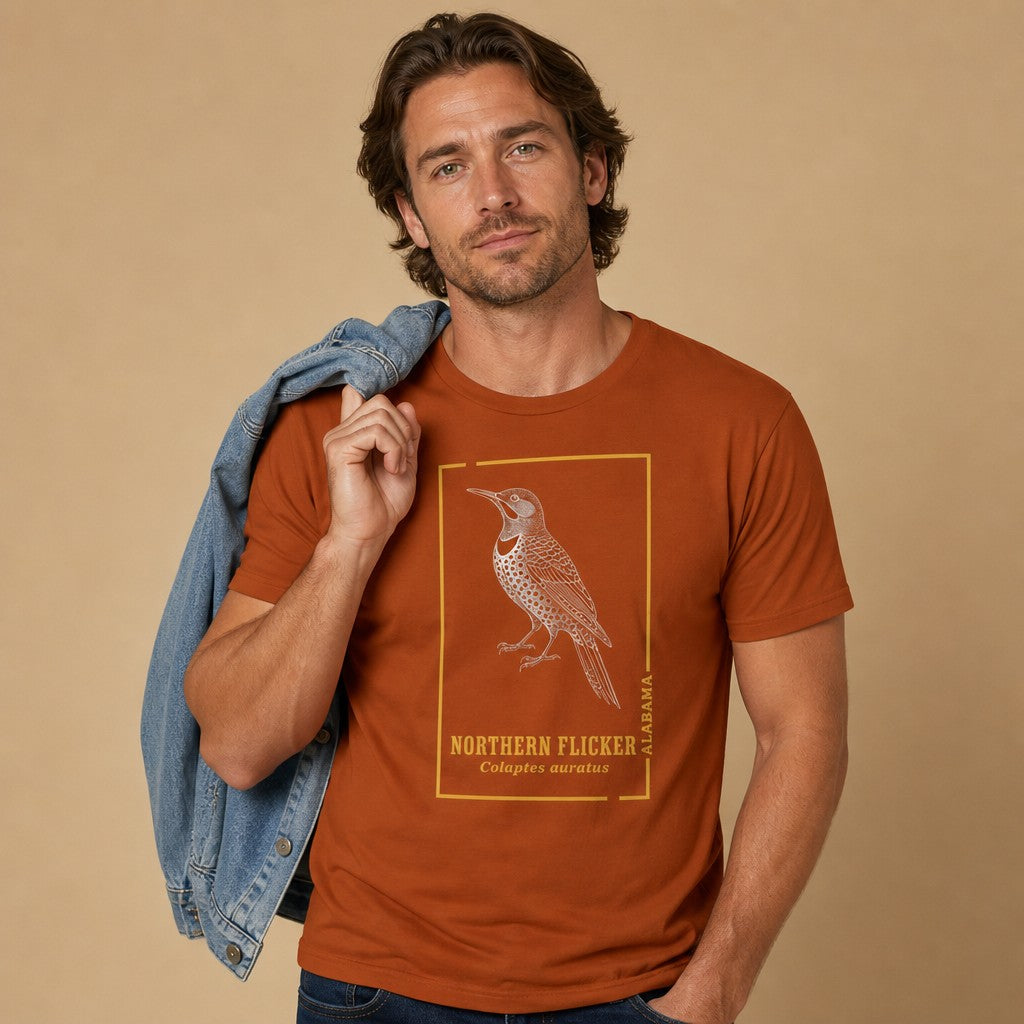 Man wearing an autumn-colored Bella Canvas 3001 t-shirt with a vintage-inspired line art illustration of a Northern Flicker woodpecker, featuring botanical stippled details, ideal for birdwatchers and cottagecore nature lovers, studio setting, by Crossroads Dandelion