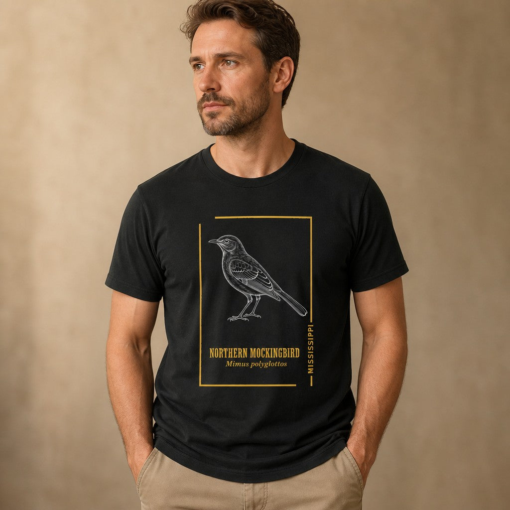 Man wearing black Bella Canvas 3001 t-shirt featuring a vintage hand-sketched Northern Mockingbird illustration with gold framing, detailed nature-inspired line art, perfect for birdwatchers and wildlife enthusiasts, by Crossroads Dandelion