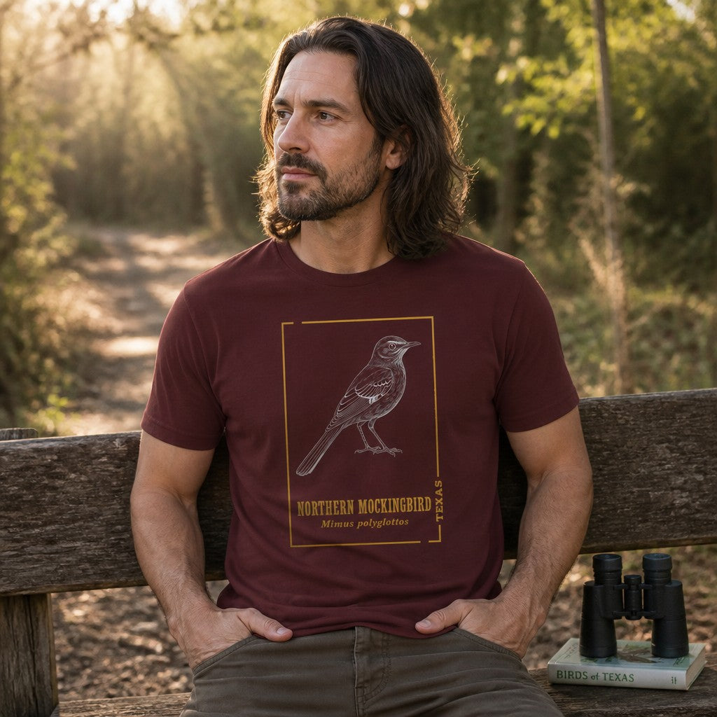 Man wearing a maroon Bella Canvas 3001 t-shirt with a vintage-inspired hand-drawn northern mockingbird in white line art, gold botanical accents, and classic serif text, sitting outdoors in a wooded area, ideal for male birdwatchers and Texas nature lovers, by Crossroads Dandelion