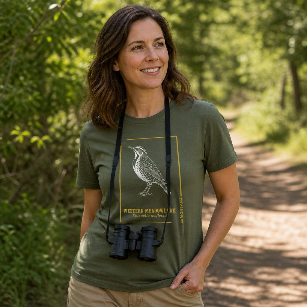Woman wearing a military green Bella Canvas 3001 t-shirt featuring a hand-drawn vintage line art etching of a Western Meadowlark bird in white with gold frame and elegant field guide typography, perfect for birdwatchers and heritage nature art lovers, walking on a wooded trail, by Crossroads Dandelion