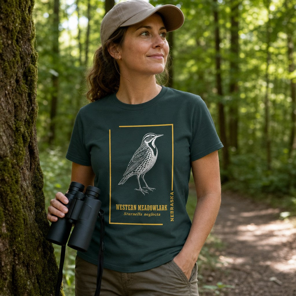 Woman wearing a forest green Bella Canvas 3001 t-shirt with a vintage hand-drawn Western Meadowlark bird illustration in white ink, framed with gold accents, in a woodland setting, field guide style for birders and nature lovers, by Crossroads Dandelion
