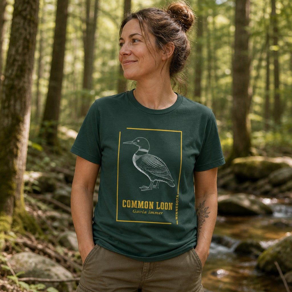 Woman wearing a forest green Bella Canvas 3001 t-shirt featuring a vintage etched common loon with gold accents, classic naturalist journal style, perfect for birdwatchers, cottagecore and wildlife lovers, hiking in a forest, by Crossroads Dandelion