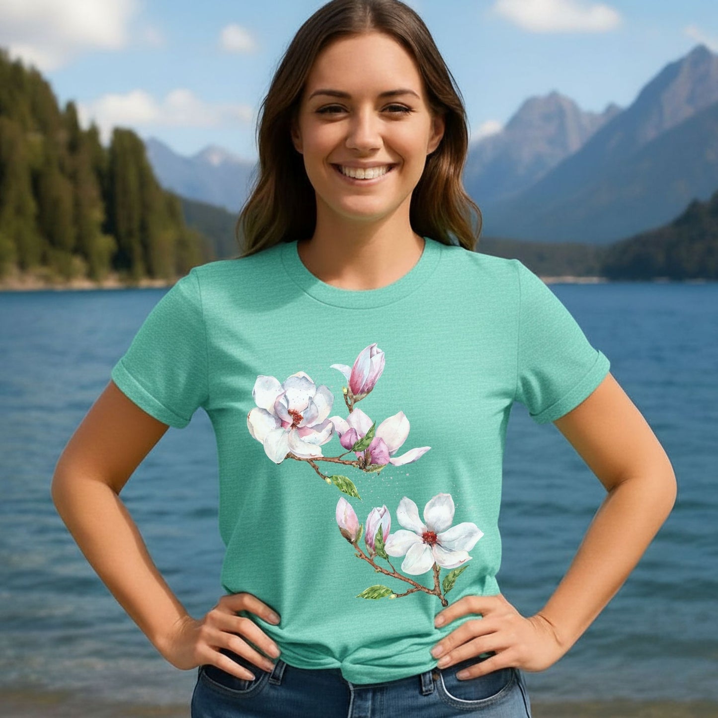 Woman wearing a heather mint magnolia flower shirt with botanical watercolor art by a lake by Crossroads Dandelion