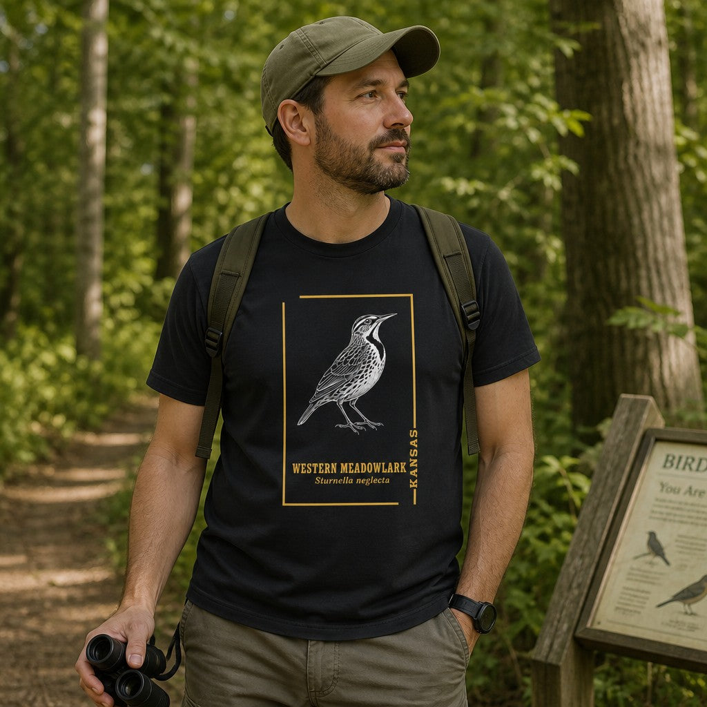 Man wearing a black Bella Canvas 3001 t-shirt with a vintage line art meadowlark bird design framed in gold, inspired by classic field guides, hiking on a woodland trail, perfect for birdwatchers and nature lovers, by Crossroads Dandelion