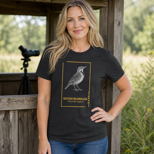 Woman wearing a dark grey heather Bella Canvas 3001 t-shirt featuring a vintage-style black and white meadowlark illustration within a golden botanical frame and serif text, standing at a birdwatching blind in a grassy field, perfect for prairie bird lovers, by Crossroads Dandelion