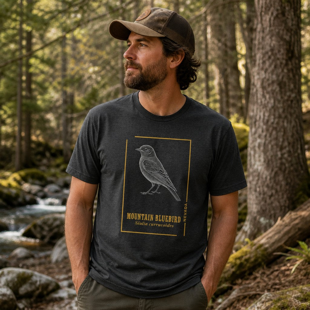 Man wearing dark grey heather Bella Canvas 3001 t-shirt with a vintage line art mountain bluebird illustration framed in gold, standing by a forest stream, perfect for birders and nature lovers, by Crossroads Dandelion