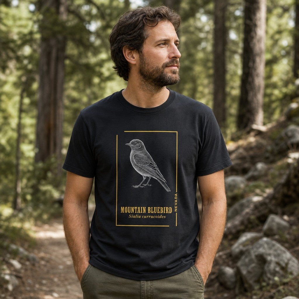 Man wearing a black Bella Canvas 3001 t-shirt featuring a vintage-style etched illustration of a mountain bluebird with gold accents, standing in a pine forest setting; ideal for bird lovers, naturalists, cottagecore and outdoor enthusiasts, by Crossroads Dandelion