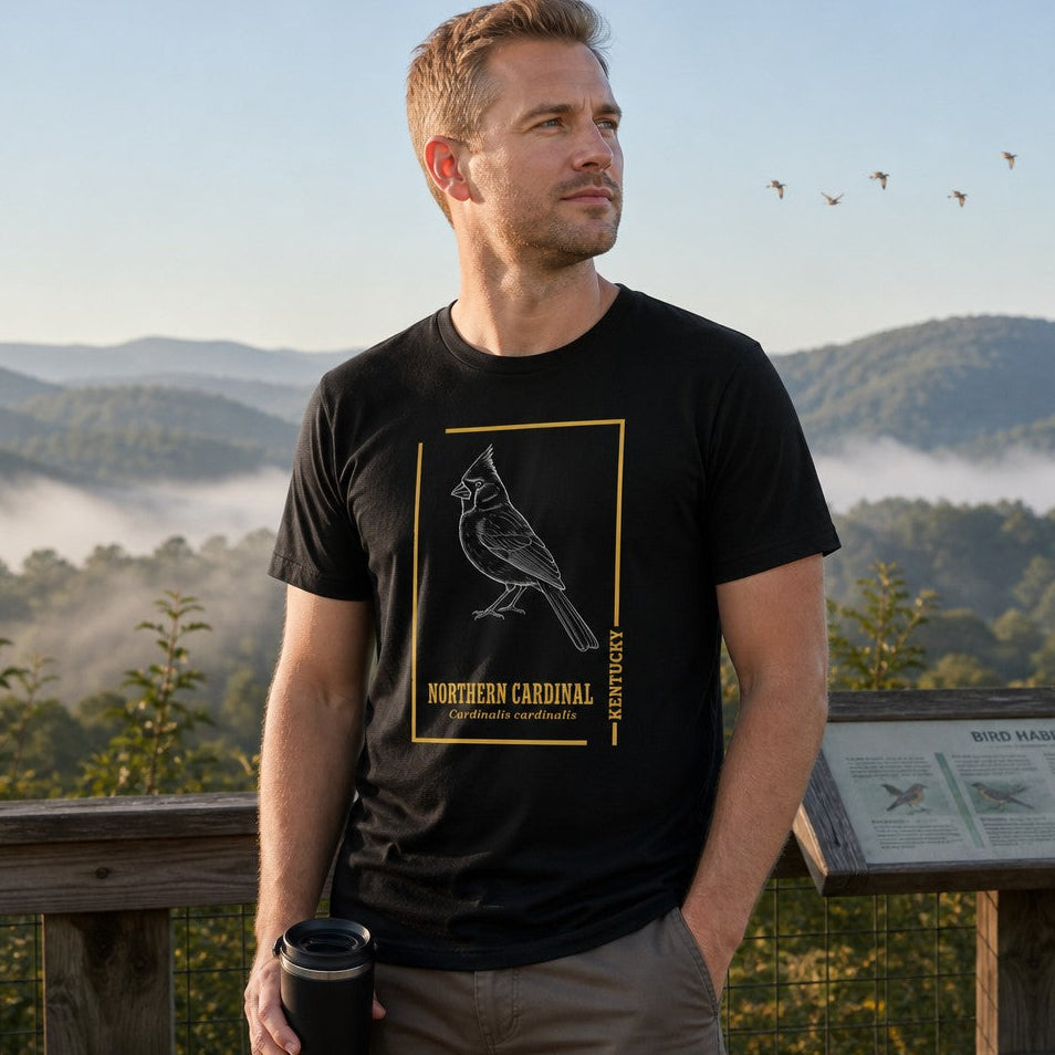 Man in black Bella Canvas 3001 t-shirt featuring vintage-inspired white line art of a Northern Cardinal with gold border and botanical typography, mountain overlook setting, perfect for wildlife lovers and birdwatchers, by Crossroads Dandelion