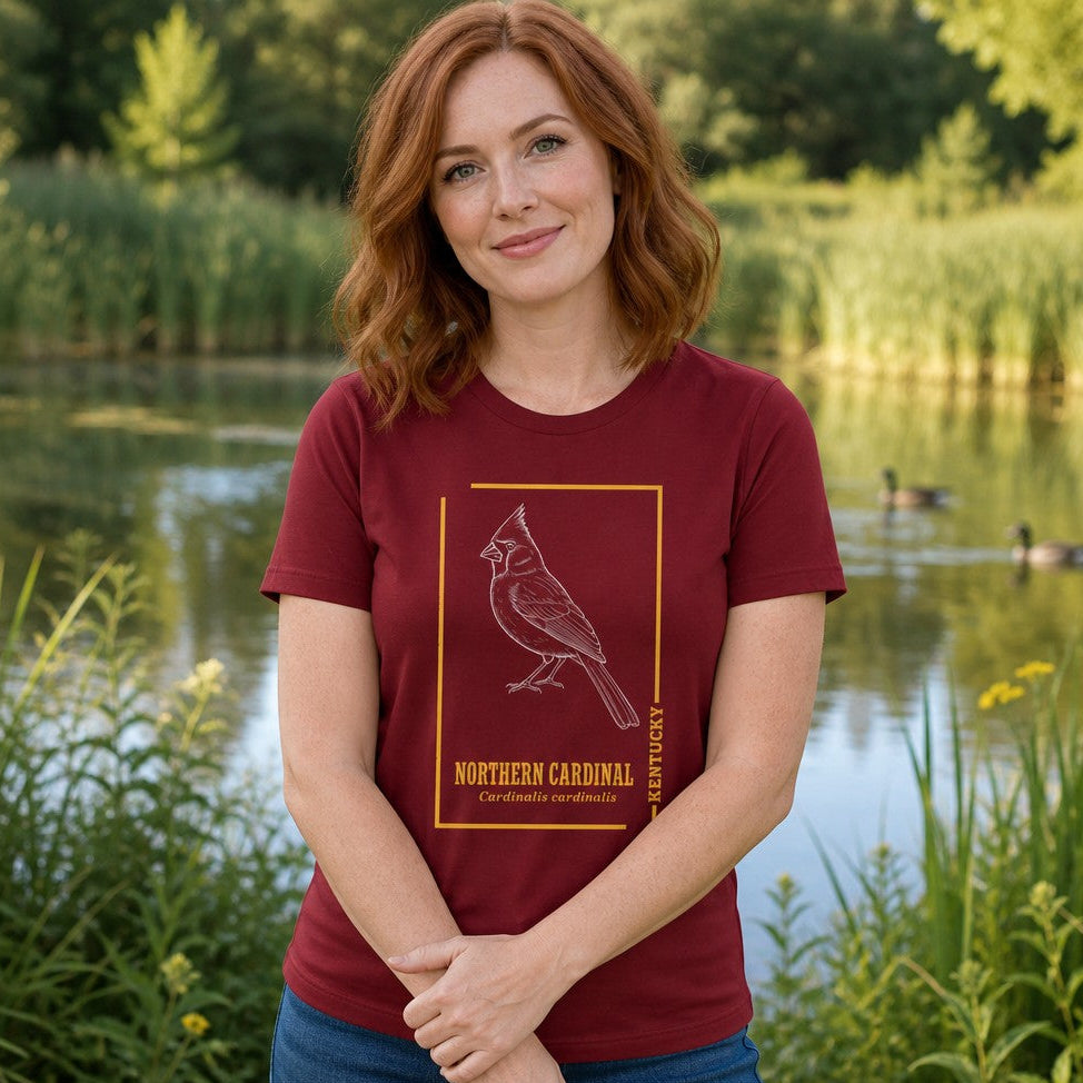 Woman wearing a cardinal red Bella Canvas 3001 t-shirt featuring a vintage-inspired white line art illustration of a Northern Cardinal with gold botanical typography, standing by a scenic pond, perfect for birdwatchers, naturalists, and nature lovers, by Crossroads Dandelion