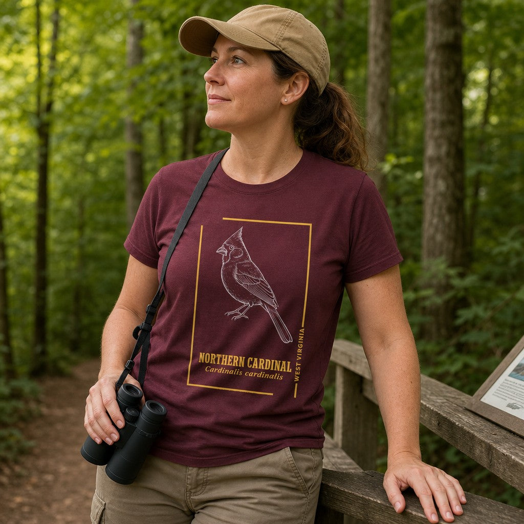 Woman in maroon Bella Canvas 3001 t-shirt featuring a vintage hand-drawn Northern Cardinal within a golden border, with Latin name and state designation, inspired by old botanical field guides, perfect for birdwatchers and naturalists, hiking on a forest trail, by Crossroads Dandelion