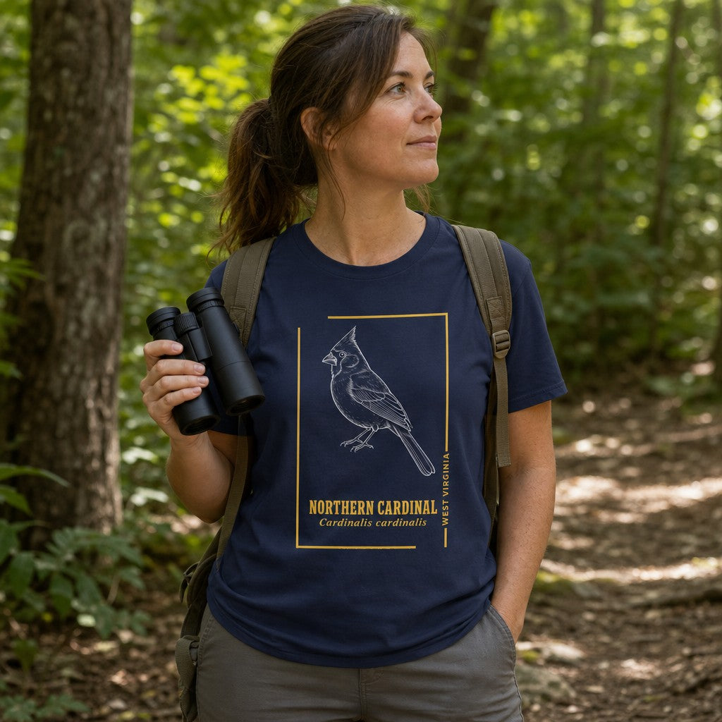 Woman wearing a navy Bella Canvas 3001 t-shirt with a vintage hand-drawn Northern Cardinal illustration, Latin name, and botanical guide style, holding binoculars in a forest trail, perfect for birdwatchers and nature lovers, by Crossroads Dandelion