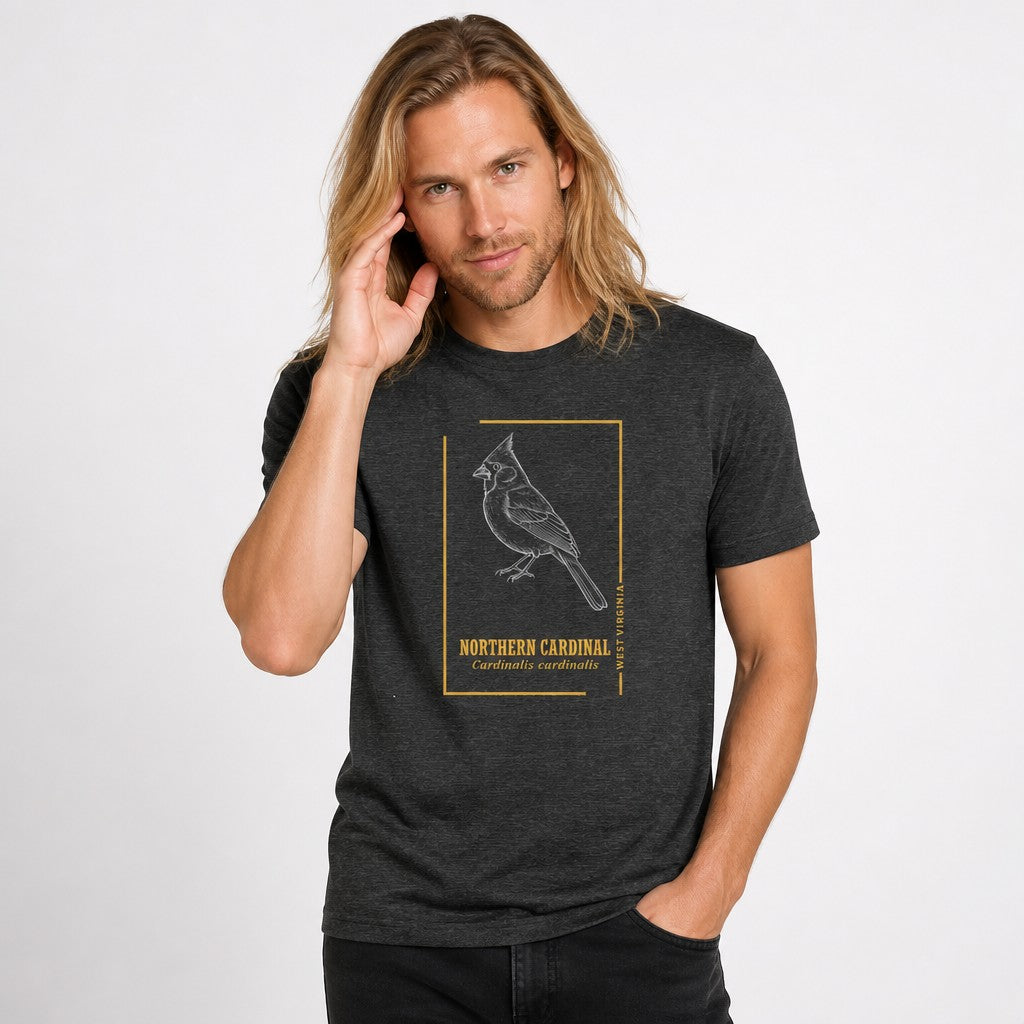 Man wearing a dark grey heather Bella Canvas 3001 t-shirt with a vintage hand-drawn line art Northern Cardinal illustration, golden border, and Latin name, styled for nature lovers and birdwatchers, vintage botanical inspired, by Crossroads Dandelion