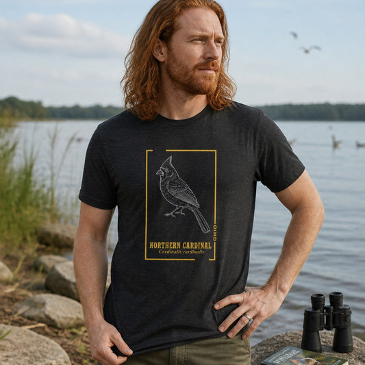 Man by a lake in a dark grey heather Bella Canvas 3001 t-shirt featuring a vintage-inspired white line art illustration of a Northern Cardinal inside a golden frame, with field guide style serif and Latin text, perfect for birdwatchers and nature lovers, by Crossroads Dandelion