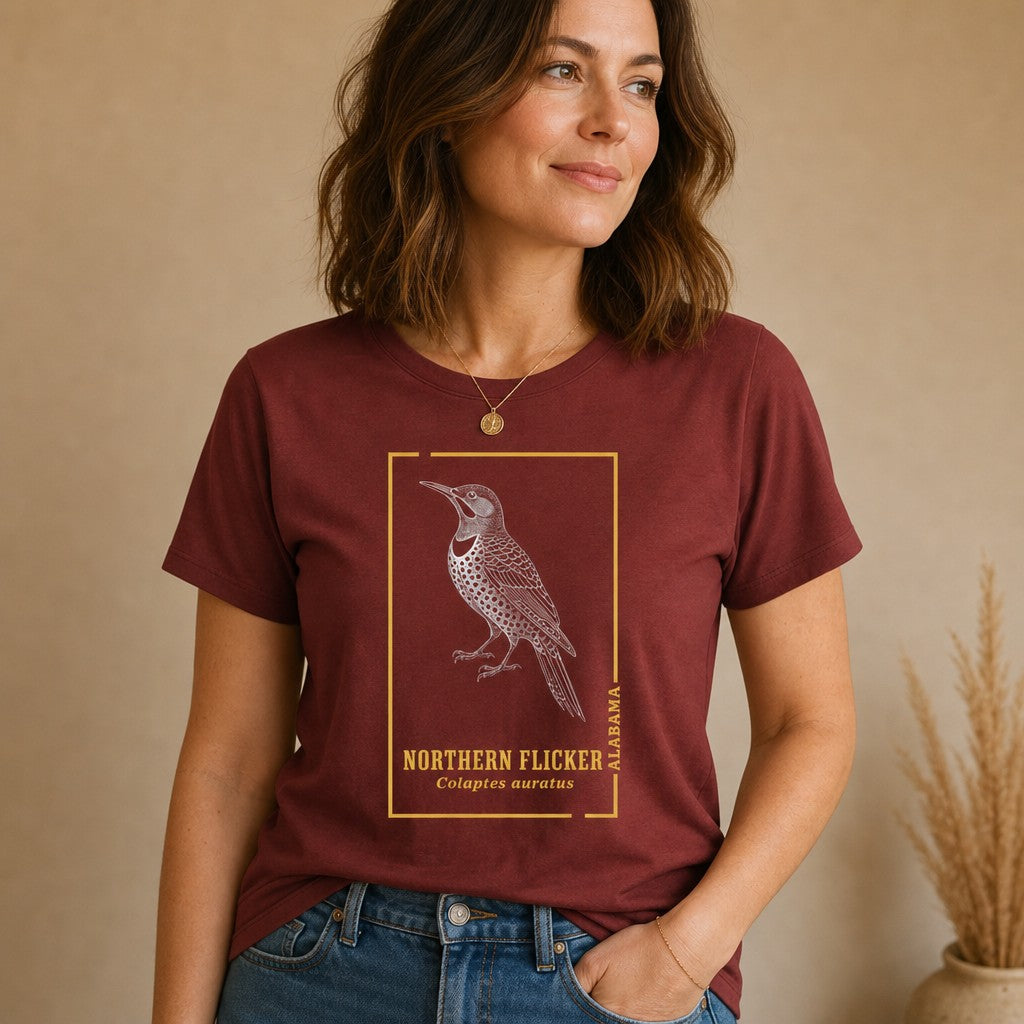 Woman wearing a cardinal Bella Canvas 3001 t-shirt featuring a vintage-inspired line art illustration of a Northern Flicker woodpecker with botanical details, indoors, ideal for birdwatchers, nature lovers, and cottagecore style enthusiasts, by Crossroads Dandelion