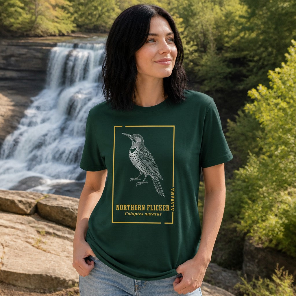 Woman wearing a forest green t-shirt with a line art Northern Flicker bird design, hiking on a mountain trail, perfect for nature and bird lovers, by Crossroads Dandelion