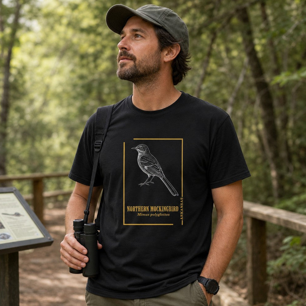 Man in black Bella Canvas 3001 t-shirt featuring a vintage hand-drawn Northern Mockingbird illustration with gold framing, inspired by antique field guides, perfect for nature and bird lovers, photographed in a woodland hiking trail, by Crossroads Dandelion
