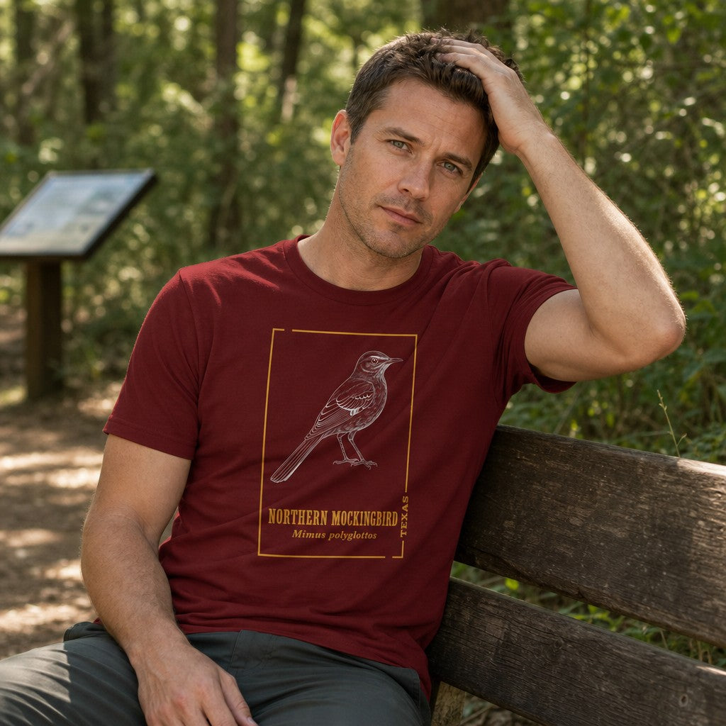 Man wearing cardinal red Bella Canvas 3001 t-shirt featuring a hand-drawn vintage-inspired northern mockingbird illustration in white line art, accented with gold botanical frame and classic serif text, sitting on a bench in a wooded nature trail setting, perfect for birdwatchers and Texas natives, by Crossroads Dandelion