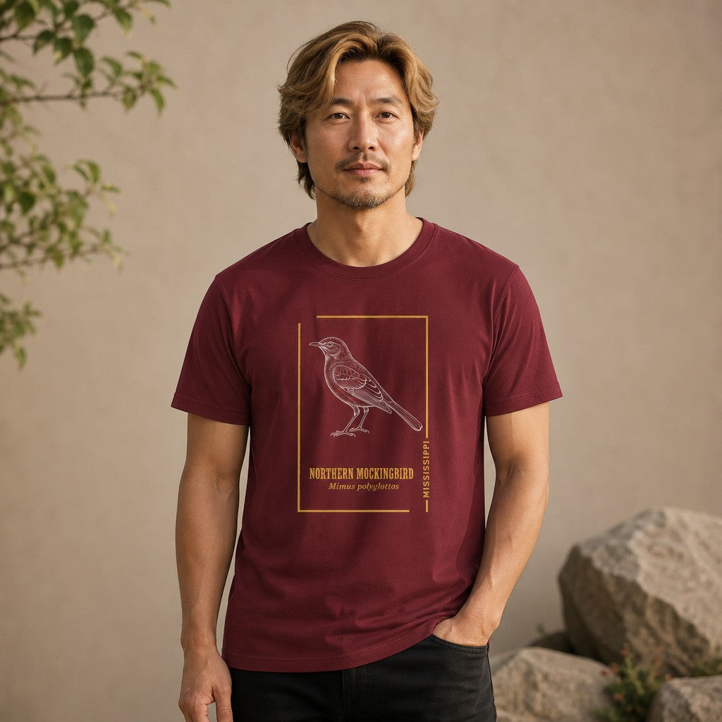 Man wearing a cardinal red Bella Canvas 3001 t-shirt featuring a vintage hand-sketched Northern Mockingbird with gold framing, classic wildlife print, naturalist style, perfect for birdwatchers and outdoor enthusiasts, by Crossroads Dandelion
