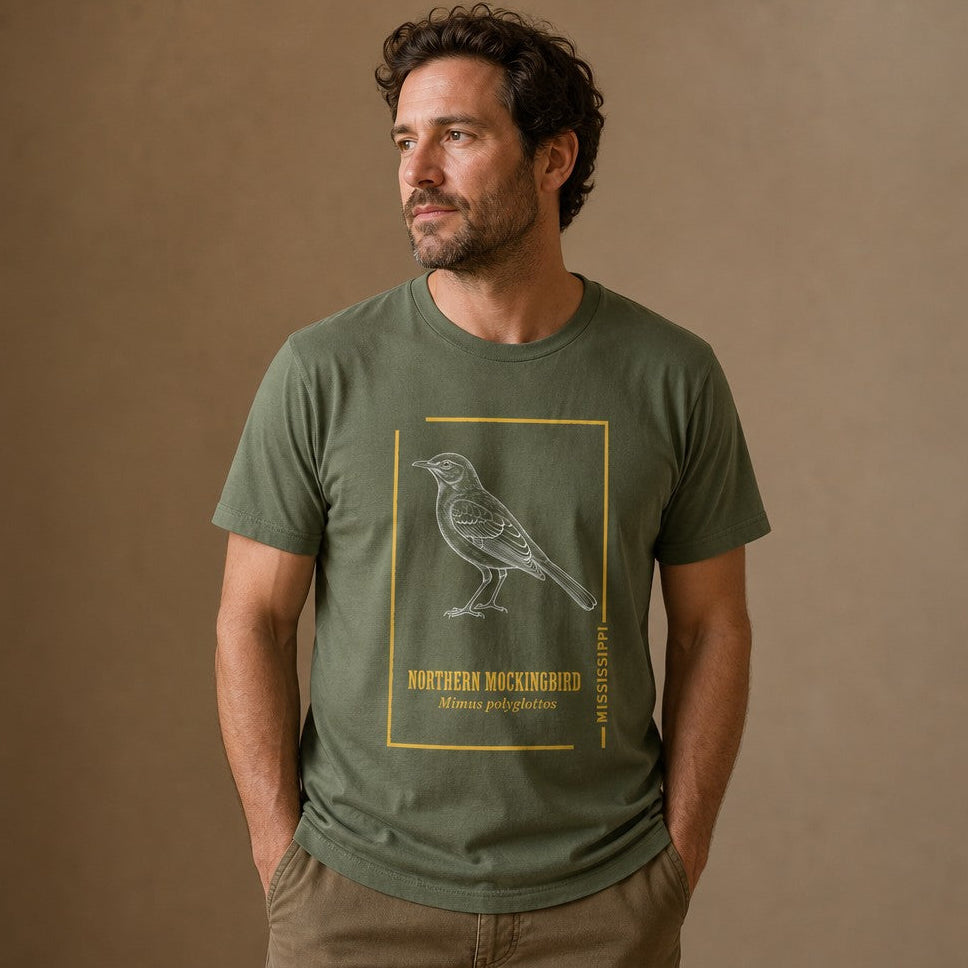 Man wearing a military green Bella Canvas 3001 t-shirt featuring a vintage hand-sketched Northern Mockingbird design with gold framing and botanical accents, perfect for birdwatchers and wildlife art lovers, studio setting, by Crossroads Dandelion
