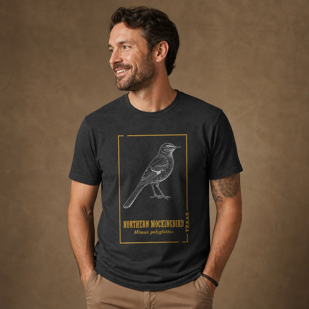 Man wearing dark grey heather Bella Canvas 3001 t-shirt featuring a vintage hand-drawn white line art illustration of a northern mockingbird, framed in gold accents with classic serif text, perfect for Texas natives, birdwatchers, and lovers of nostalgic field guide art, by Crossroads Dandelion