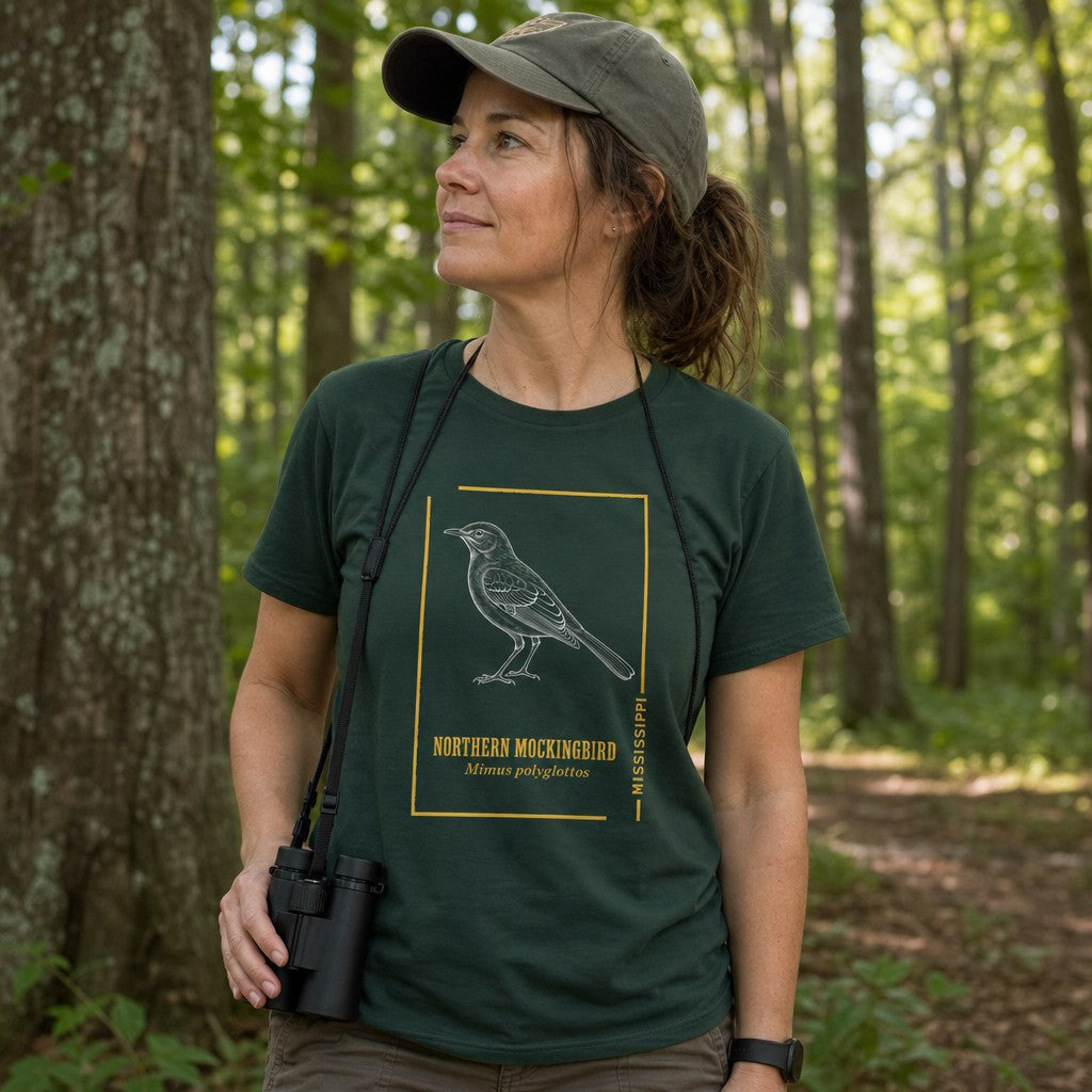 Woman wearing a forest green Bella Canvas 3001 t-shirt featuring a vintage hand-sketched northern mockingbird design with gold botanical accents, hiking in a wooded forest, perfect for birdwatchers and nature lovers, by Crossroads Dandelion
