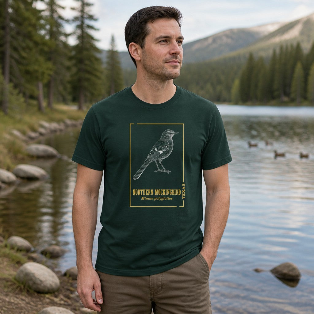 Man wearing a forest green Bella Canvas 3001 t-shirt with a vintage-inspired hand-drawn northern mockingbird illustration in white line art, framed with gold botanical accents and serif text, standing by a scenic lakeside with pine trees, ideal for birdwatchers and nature lovers, by Crossroads Dandelion