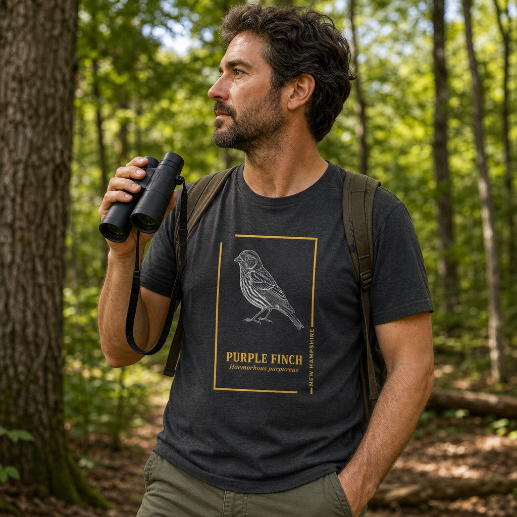 Man wearing a dark grey heather Bella Canvas t-shirt with a vintage hand-illustrated white ink Purple Finch design, framed in gold lines and elegant serif typography, standing in a sunlit forest, perfect for wildlife and nature enthusiasts, by Crossroads Dandelion