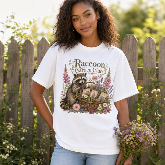 Woman wearing a white Comfort Colors 1717 t-shirt with a vintage-style whimsical illustration of a raccoon holding a wicker basket of wildflowers and rustic 'Raccoon Garden Club' typography, garden setting, perfect for gardening and wildlife enthusiasts, by Crossroads Dandelion