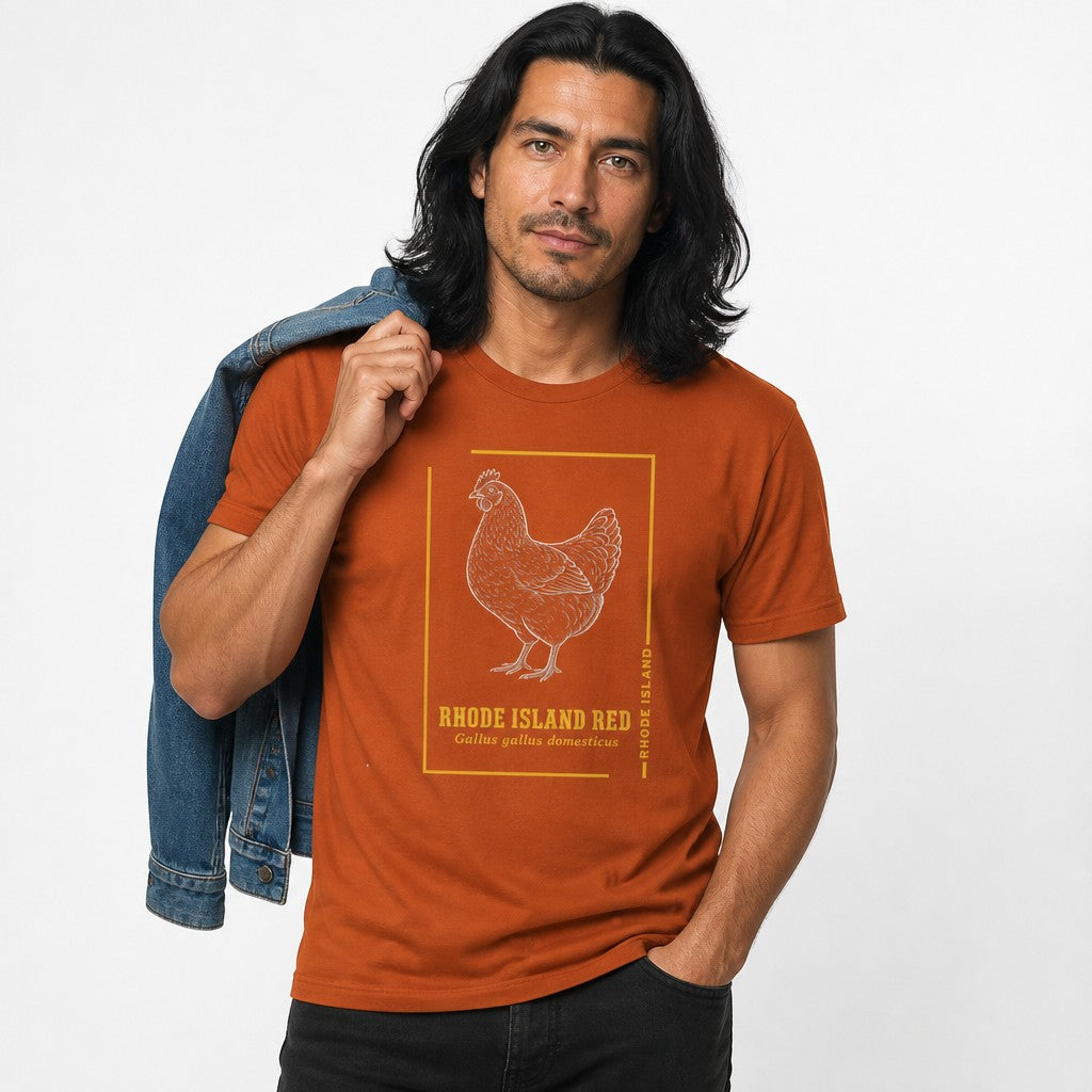 Man in autumn orange Bella Canvas 3001 t-shirt featuring a vintage hand-drawn Rhode Island Red chicken in white ink with gold border, archival sketch style, birdwatchers and wildlife enthusiasts, by Crossroads Dandelion