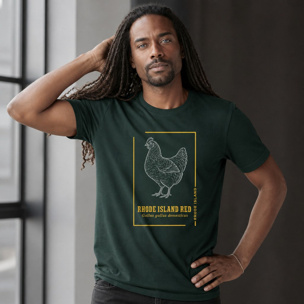 Man wearing forest green Bella Canvas 3001 t-shirt featuring a hand-drawn vintage line art illustration of a Rhode Island Red chicken bordered in gold, styled like an archival naturalist’s sketchbook, perfect for birdwatchers and heritage breed enthusiasts, by Crossroads Dandelion