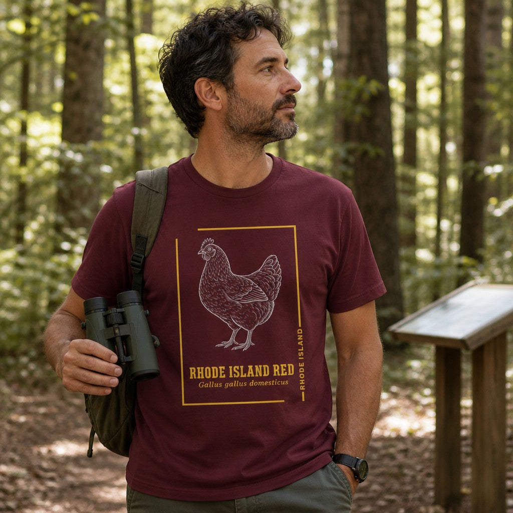 Man wearing a maroon Bella Canvas 3001 t-shirt featuring a vintage hand-drawn Rhode Island Red chicken illustration in white ink with gold border, inspired by an archival naturalist’s sketchbook, hiking in a wooded forest, perfect for birdwatchers, wildlife enthusiasts, and heritage breed lovers, by Crossroads Dandelion