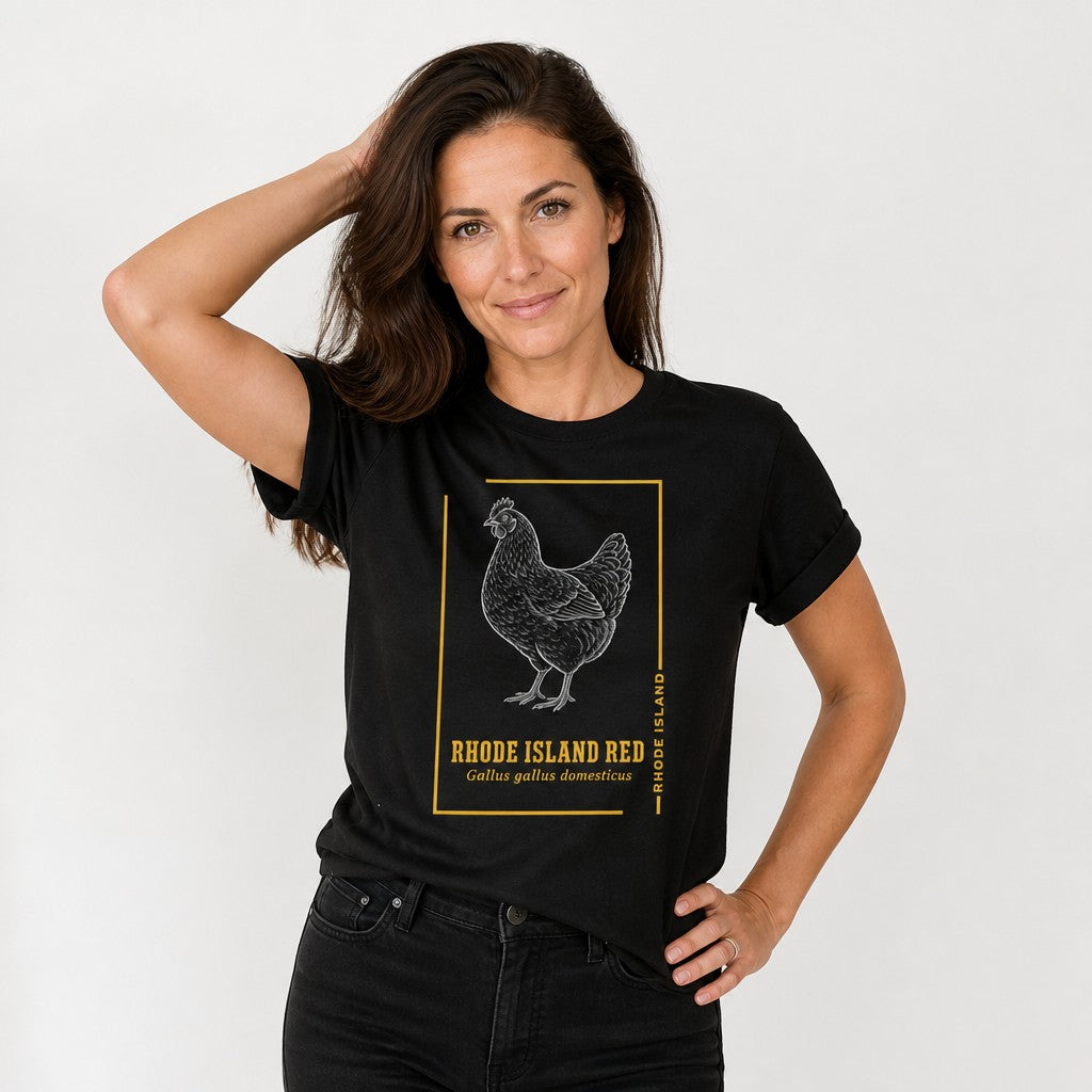 Woman wearing a black Bella Canvas 3001 t-shirt featuring a vintage hand-drawn illustration of a Rhode Island Red chicken with gold border, naturalist sketchbook style, for birdwatchers and heritage breed enthusiasts, by Crossroads Dandelion