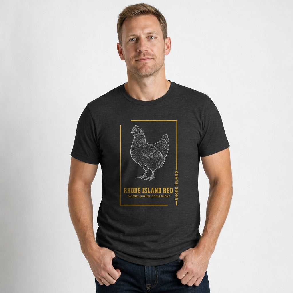 Man wearing a dark grey heather Bella Canvas 3001 t-shirt featuring a hand-drawn vintage illustration of a Rhode Island Red chicken in white ink, bordered in gold, in an archival naturalist’s sketchbook style for birdwatchers and heritage breed lovers, by Crossroads Dandelion