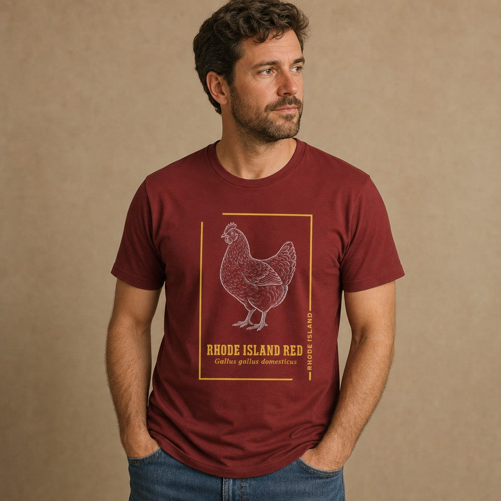Man wearing cardinal red Bella Canvas 3001 t-shirt featuring a vintage hand-drawn illustration of a Rhode Island Red chicken in white ink with gold borders, archival sketchbook style, perfect for birdwatchers and heritage breed enthusiasts, by Crossroads Dandelion
