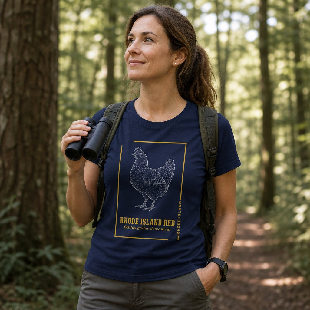 Woman wearing a navy Bella Canvas 3001 t-shirt with a vintage hand-drawn Rhode Island Red chicken design in white ink, bordered in gold, walking through a forest trail with binoculars, perfect for birdwatchers, heritage breed enthusiasts, and nature lovers, by Crossroads Dandelion