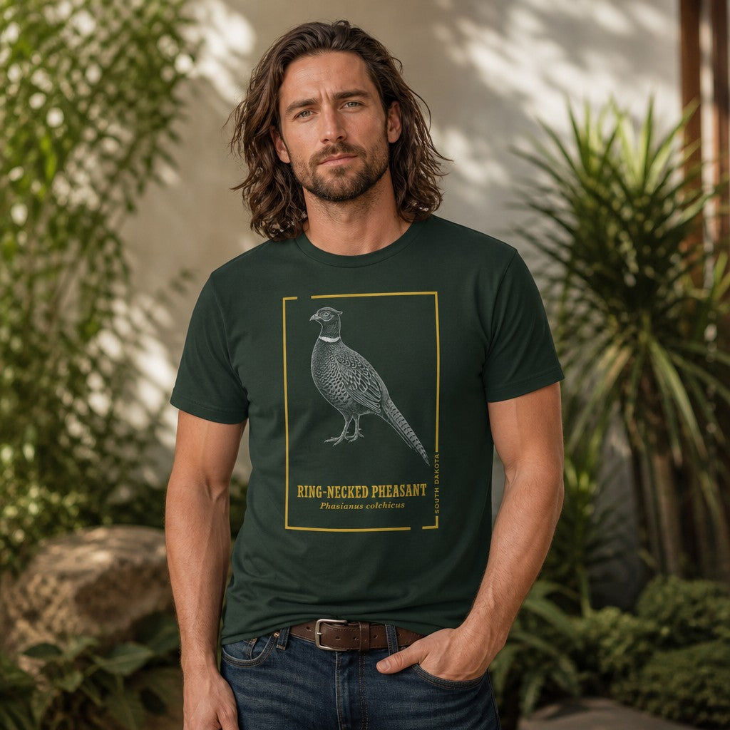 Man wearing forest green Bella Canvas 3001 t-shirt featuring a hand-illustrated ring-necked pheasant in classic vintage engraving style with golden botanical frame and elegant block lettering, relaxed garden scene, perfect for birdwatchers, naturalists, men's gift, by Crossroads Dandelion