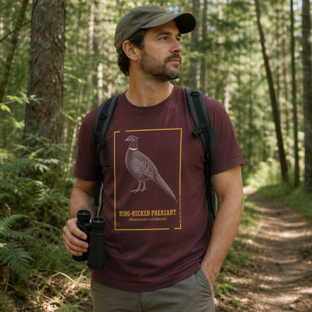 Man hiking in a forest wearing a maroon Bella Canvas 3001 t-shirt featuring a vintage engraving style hand-illustrated ring-necked pheasant with golden botanical accents and block lettering, perfect for birdwatchers and naturalists, by Crossroads Dandelion