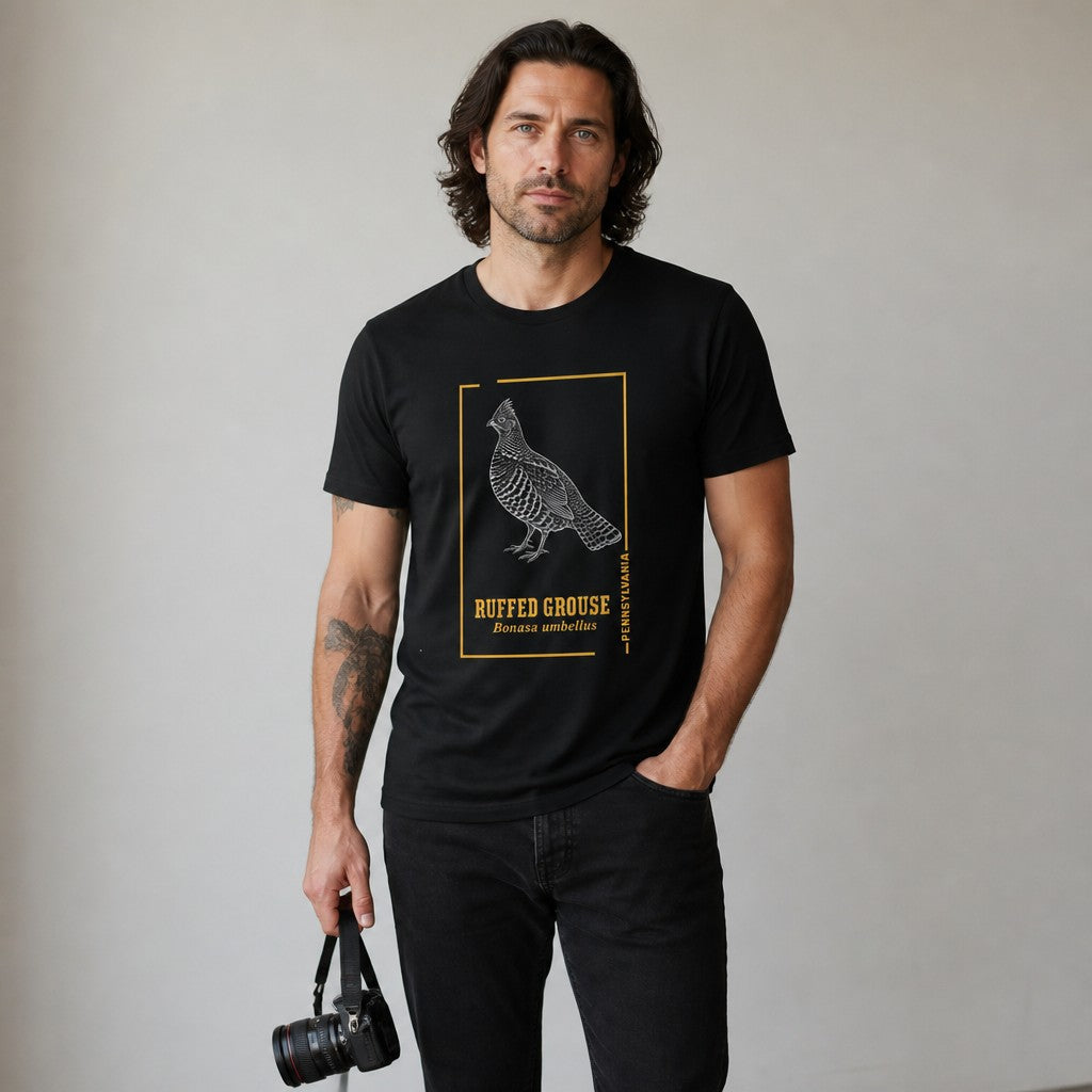 Man wearing black Bella Canvas 3001 t-shirt with vintage hand-drawn line art ruffed grouse framed in gold, classic nature illustration for wildlife and cottagecore lovers, studio setting, men's apparel, by Crossroads Dandelion