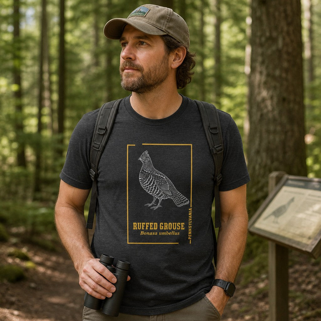 Man wearing dark grey heather Bella Canvas 3001 t-shirt with a vintage hand-drawn ruffed grouse engraving framed in gold, hiking in a lush green forest, perfect for wildlife lovers and cottagecore enthusiasts, by Crossroads Dandelion